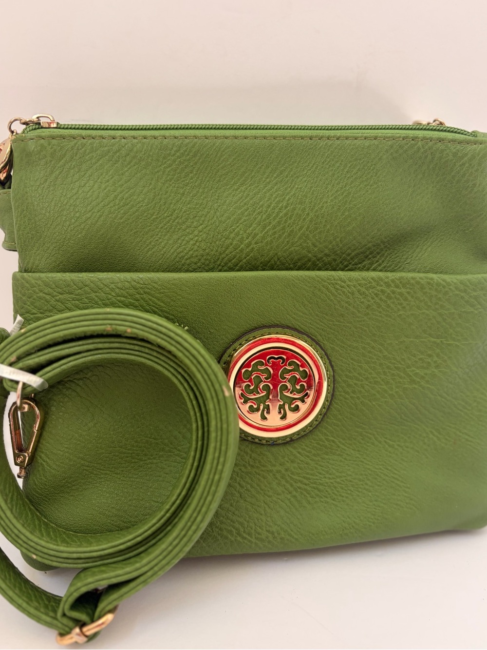 Green Leather Crossbody Bag with Gold Red Medallion - Unbranded